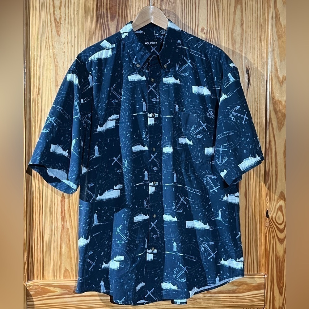 Navy Ship Compass Pattern Short Sleeve Lightweight Button Up Camp Shirt